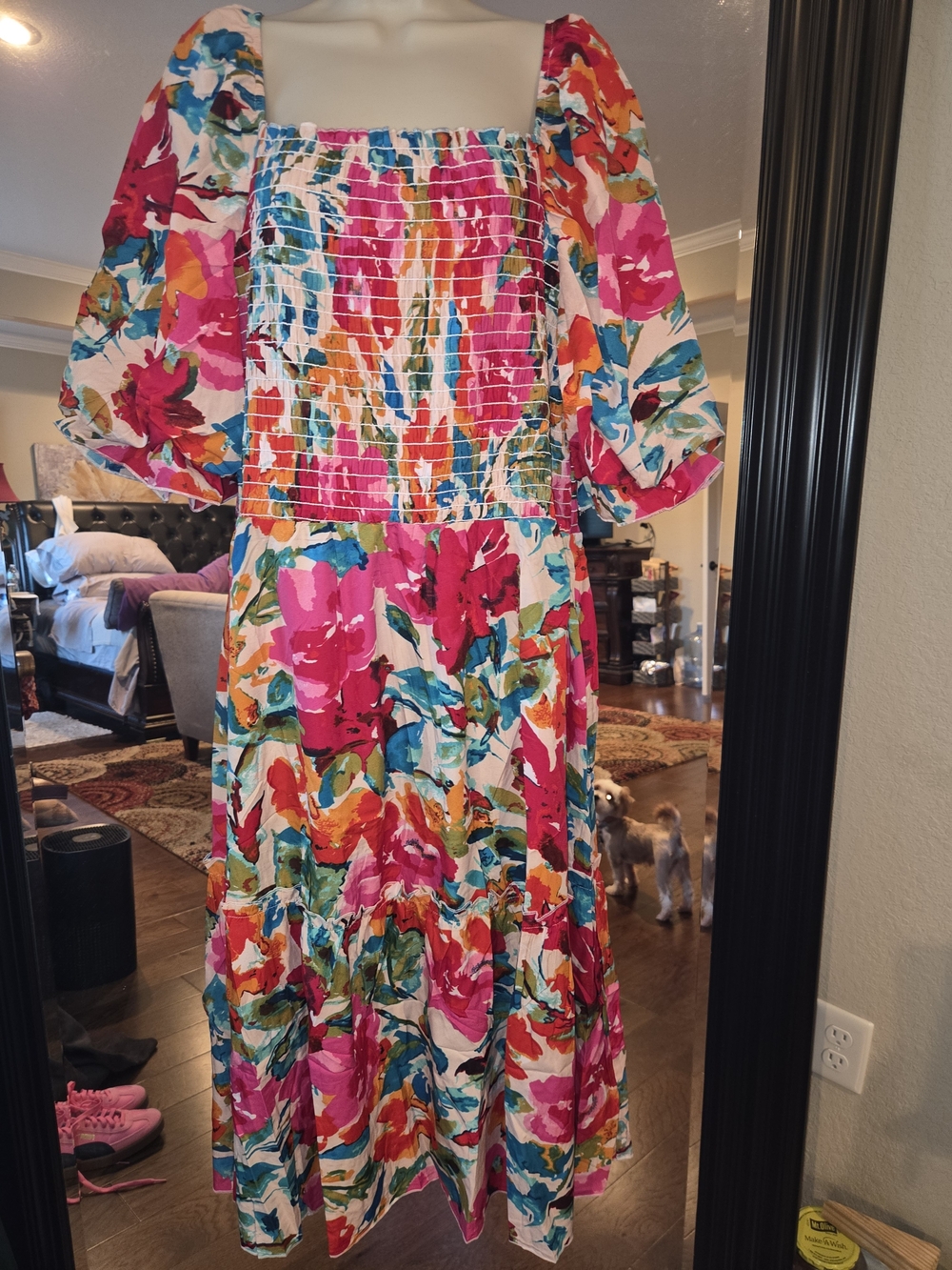 Womens Floral Smocked Puff-Sleeve Casual Dress in Pink Multicolor
